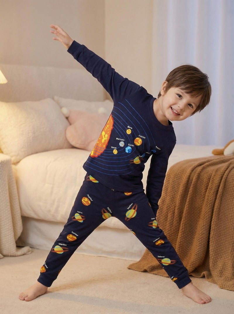 Popshion Boys Pajamas Planet 100% Cotton Pjs Toddler 2 Piece Long Sleeve Sleepwear Kids Clothes Set Space Outfits Solar System Shirt 6t - Image 3